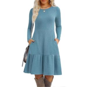 imageZeagoo Womens Long Sleeve Fall Dresses with Pockets 2025 Flowy Casual Ribbed Knit Crew Neck Knee Length Sweater DressBlue