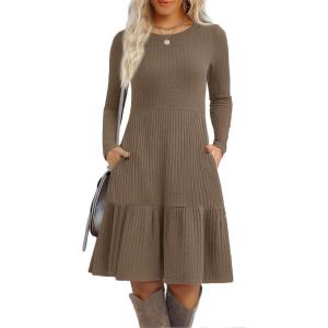 imageZeagoo Womens Long Sleeve Fall Dresses with Pockets 2025 Flowy Casual Ribbed Knit Crew Neck Knee Length Sweater DressBrown