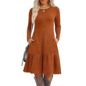 imageZeagoo Womens Long Sleeve Fall Dresses with Pockets 2025 Flowy Casual Ribbed Knit Crew Neck Knee Length Sweater DressCaramel Color