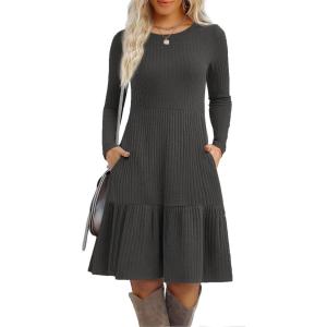 imageZeagoo Womens Long Sleeve Fall Dresses with Pockets 2025 Flowy Casual Ribbed Knit Crew Neck Knee Length Sweater DressDark Grey