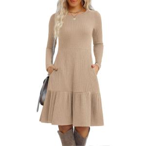 imageZeagoo Womens Long Sleeve Fall Dresses with Pockets 2025 Flowy Casual Ribbed Knit Crew Neck Knee Length Sweater DressKhaki