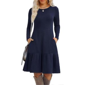 imageZeagoo Womens Long Sleeve Fall Dresses with Pockets 2025 Flowy Casual Ribbed Knit Crew Neck Knee Length Sweater DressNavy Blue