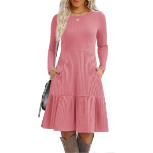 imageZeagoo Womens Long Sleeve Fall Dresses with Pockets 2025 Flowy Casual Ribbed Knit Crew Neck Knee Length Sweater DressPink