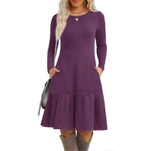 imageZeagoo Womens Long Sleeve Fall Dresses with Pockets 2025 Flowy Casual Ribbed Knit Crew Neck Knee Length Sweater DressPurple