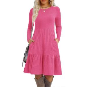 imageZeagoo Womens Long Sleeve Fall Dresses with Pockets 2025 Flowy Casual Ribbed Knit Crew Neck Knee Length Sweater DressRose Red