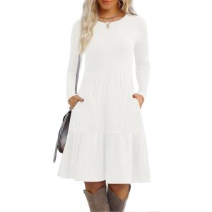 imageZeagoo Womens Long Sleeve Fall Dresses with Pockets 2025 Flowy Casual Ribbed Knit Crew Neck Knee Length Sweater DressWhite