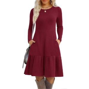 imageZeagoo Womens Long Sleeve Fall Dresses with Pockets 2025 Flowy Casual Ribbed Knit Crew Neck Knee Length Sweater DressWine Red
