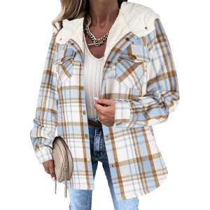 imageZeagoo Womens Plaid Shacket Jacket Long Sleeve Fleece Hooded Jackets Fall Winter Warm Coat S2XLLight Blue