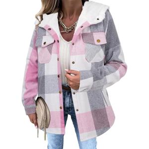 imageZeagoo Womens Plaid Shacket Jacket Long Sleeve Fleece Hooded Jackets Fall Winter Warm Coat S2XLLight Pink Plaid