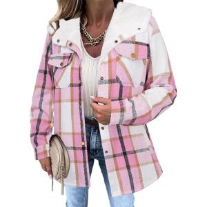 imageZeagoo Womens Plaid Shacket Jacket Long Sleeve Fleece Hooded Jackets Fall Winter Warm Coat S2XLPink Plaid