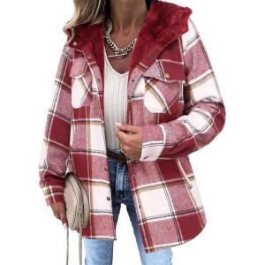 imageZeagoo Womens Plaid Shacket Jacket Long Sleeve Fleece Hooded Jackets Fall Winter Warm Coat S2XLWine Red