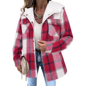 imageZeagoo Womens Plaid Shacket Jacket Long Sleeve Fleece Hooded Jackets Fall Winter Warm Coat S2XLWine Red Plaid