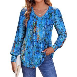 imageZeagoo Womens Puff Long Sleeve Shirts Pleated V Neck Fall Tunic Tops Blouse Dressy Casual Loose Summer TShirtsCx266