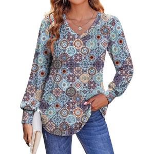 imageZeagoo Womens Puff Long Sleeve Shirts Pleated V Neck Fall Tunic Tops Blouse Dressy Casual Loose Summer TShirtsFloral Blue Purple