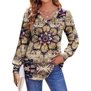 imageZeagoo Womens Puff Long Sleeve Shirts Pleated V Neck Fall Tunic Tops Blouse Dressy Casual Loose Summer TShirtsFloral Khaki