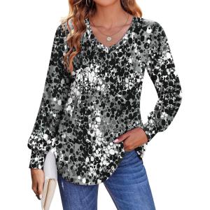 imageZeagoo Womens Puff Long Sleeve Shirts Pleated V Neck Fall Tunic Tops Blouse Dressy Casual Loose Summer TShirtsMulticoloured 273