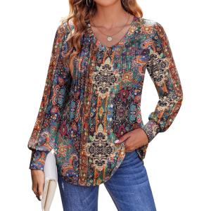 imageZeagoo Womens Puff Long Sleeve Shirts Pleated V Neck Fall Tunic Tops Blouse Dressy Casual Loose Summer TShirtsMulticoloured 721