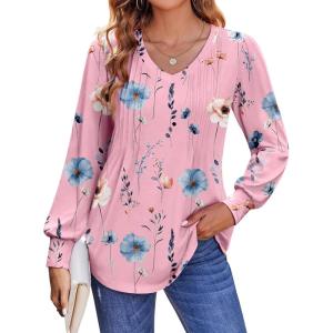 imageZeagoo Womens Puff Long Sleeve Shirts Pleated V Neck Fall Tunic Tops Blouse Dressy Casual Loose Summer TShirtsWf53