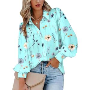 imageZeagoo Womens Shirts Button Down Printed Lantern Long Sleeve Blouse Fashion Casual Tops 2025Bf139