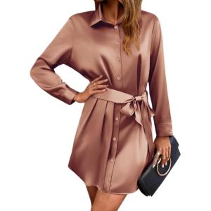 imageZeagoo Womens Stain Long Sleeve Dress Button Down Shirts Tunic Dresses Casual VNeck Mini Dress with BeltBc