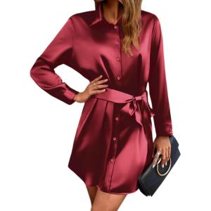 imageZeagoo Womens Stain Long Sleeve Dress Button Down Shirts Tunic Dresses Casual VNeck Mini Dress with BeltWine Red