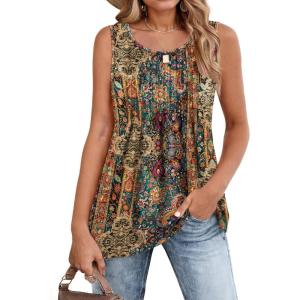 imageZeagoo Womens Summer Tank Tops 2025 Pleated Crew Neck Floral Solid Loose Fit Casual Sleeveless Flowy Boho Tunic ShirtsMz721
