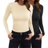 imageZeagoo Women Crewneck Slim Fitted Short Sleeve T Shirts Cute Stretchy Bodycon Basic Tee TopsLong Sleeveblack beige