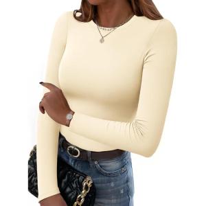 imageZeagoo Women Crewneck Slim Fitted Short Sleeve T Shirts Cute Stretchy Bodycon Basic Tee TopsLong Sleeveapricot