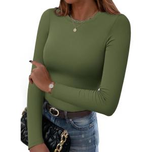 imageZeagoo Women Crewneck Slim Fitted Short Sleeve T Shirts Cute Stretchy Bodycon Basic Tee TopsLong Sleevearmy Green