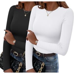 imageZeagoo Women Crewneck Slim Fitted Short Sleeve T Shirts Cute Stretchy Bodycon Basic Tee TopsLong Sleeveblack white