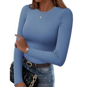 imageZeagoo Women Crewneck Slim Fitted Short Sleeve T Shirts Cute Stretchy Bodycon Basic Tee TopsLong Sleevenavy Blue