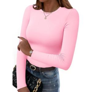 imageZeagoo Women Crewneck Slim Fitted Short Sleeve T Shirts Cute Stretchy Bodycon Basic Tee TopsLong Sleevepink