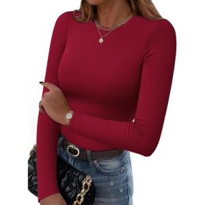 imageZeagoo Women Crewneck Slim Fitted Short Sleeve T Shirts Cute Stretchy Bodycon Basic Tee TopsLong Sleevewine Red