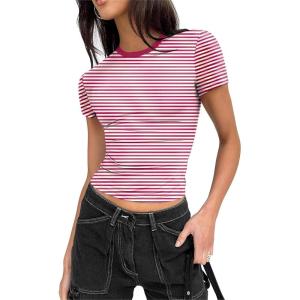 imageZeagoo Women Crewneck Slim Fitted Short Sleeve T Shirts Cute Stretchy Bodycon Basic Tee TopsShort Sleeve Pink Stripe