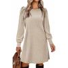 imageZeagoo Womens Knit Dress with Puff Sleeves for Fall ampamp Winter  Round Neck Casual Tunic DressKhaki