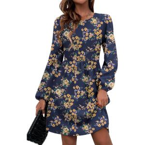 imageZeagoo Casual Blue Printed Dresses with Pockets Women Fall Sweater Dress Long Sleeve A Line Dress Womens Loose Knee Length Dresses Large
