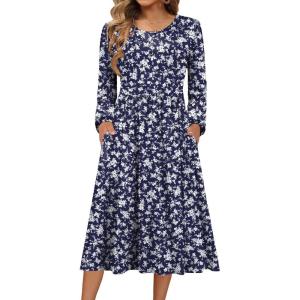 imageZeagoo Long Sleeve Dresses for Women 2025 Fall Winter Casual Flowy ALine Boho Midi Party Long Dress with PocketsBlue Sprigs