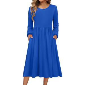 imageZeagoo Long Sleeve Dresses for Women 2025 Fall Winter Casual Flowy ALine Boho Midi Party Long Dress with PocketsNavy