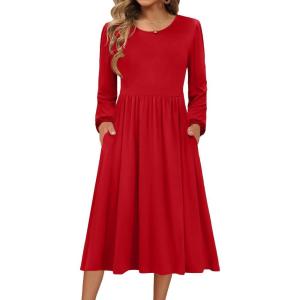 imageZeagoo Long Sleeve Dresses for Women 2025 Fall Winter Casual Flowy ALine Boho Midi Party Long Dress with PocketsRed