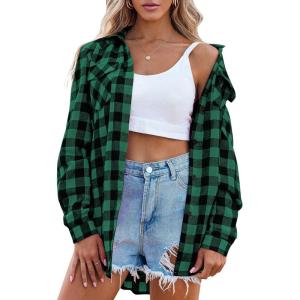 imageZeagoo Womens Flannel Shirts LongRoll Up Sleeve Collared Button Down Plaid Shirt Casual Work Tops1green