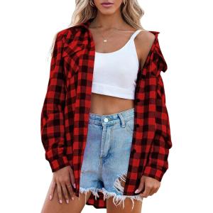 imageZeagoo Womens Flannel Shirts LongRoll Up Sleeve Collared Button Down Plaid Shirt Casual Work Tops1red