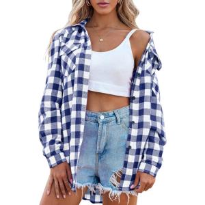 imageZeagoo Womens Flannel Shirts LongRoll Up Sleeve Collared Button Down Plaid Shirt Casual Work TopsDark Blue