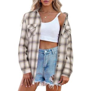 imageZeagoo Womens Flannel Shirts LongRoll Up Sleeve Collared Button Down Plaid Shirt Casual Work TopsKhakipat12