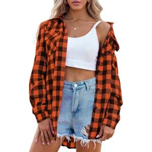 imageZeagoo Womens Flannel Shirts LongRoll Up Sleeve Collared Button Down Plaid Shirt Casual Work TopsOrange Black