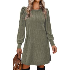 imageZeagoo Womens Knit Dress with Puff Sleeves for Fall ampamp Winter  Round Neck Casual Tunic DressArmy Green