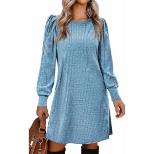 imageZeagoo Womens Knit Dress with Puff Sleeves for Fall ampamp Winter  Round Neck Casual Tunic DressBlue
