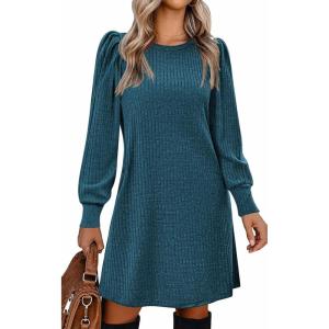 imageZeagoo Womens Knit Dress with Puff Sleeves for Fall ampamp Winter  Round Neck Casual Tunic DressBlue Green