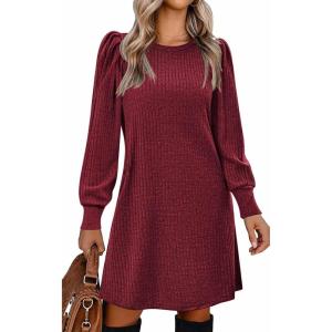 imageZeagoo Womens Knit Dress with Puff Sleeves for Fall ampamp Winter  Round Neck Casual Tunic DressBurgundy