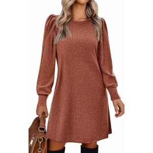 imageZeagoo Womens Knit Dress with Puff Sleeves for Fall ampamp Winter  Round Neck Casual Tunic DressCaramel