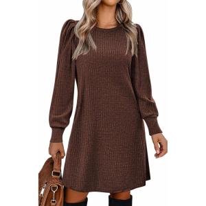 imageZeagoo Womens Knit Dress with Puff Sleeves for Fall ampamp Winter  Round Neck Casual Tunic DressCoffee